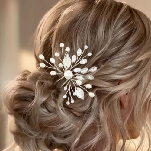 JONKY Haarnadeln mit Perlen für die Braut, silberfarben, Kristall-Haarteile, Strass, Braut-Haarschmuck, Blatt, Hochzeitshaarschmuck für Damen und Mädchen (2 Stück) von JONKY