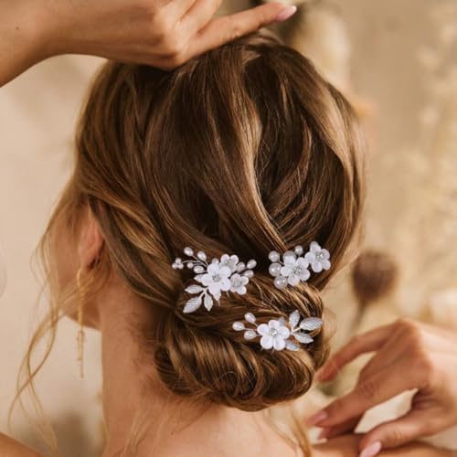 JONKY Hochzeits-Haarnadeln mit Blume, silberfarbene Perlen, Hochzeitshaarteile, Strass, Braut-Kopfschmuck, Blatt, Braut-Haarschmuck für Damen (3 Stück) von JONKY