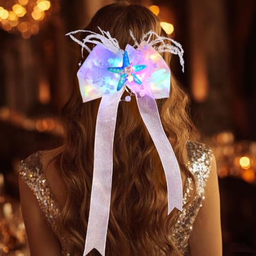 JONKY Leuchtende Seestern-Haarspange, weiße Schleife, Haarteil, Perlenfeder-Kopfschmuck, Meerjungfrau-Kostüm, Haarschmuck für Damen (blau) von JONKY