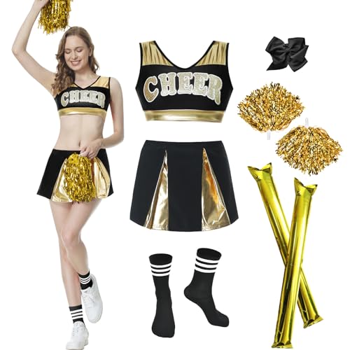 JONRRYIN Cheerleader Kostüm Damen - Uniform Mit Pompons, Cheer Sticks, Ärmellos Crop Top und Minirock - High School Outfit (Schwarz + Gold, L) von JONRRYIN