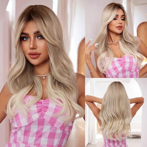 Blonde Perücke mit Pony, platinblond, für Damen, lang, blond, Ombré-Perücken mit dunklen Wurzeln, natürliches Haar, hitzebeständig Blonde Perücke mit Pony, platinblond, für Damen, lang, blond, Ombré-Perücken mit dunklen Wurzeln, natürliches Haar, hitzebeständig von JOOLER