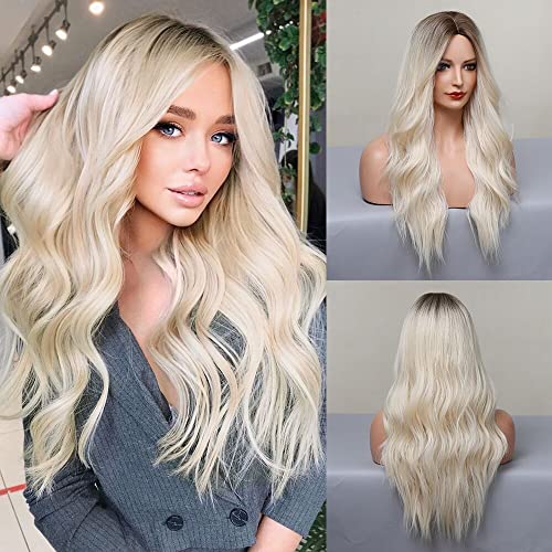 JOOLER Blonde Perücke, platinblond, für Damen, lang, blond, Ombré-Perücke mit dunklen Wurzeln, hitzebeständige Faser, verstellbare Kappe, 61 cm lang, elegantes Design von JOOLER