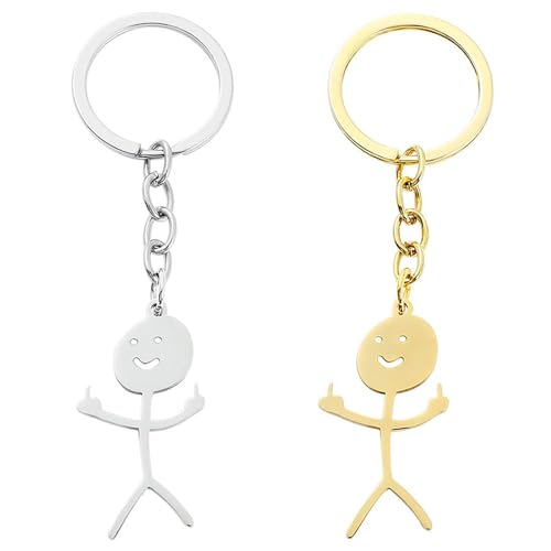 JOOTUEPO 2 Stück Strichmännchen Schlüsselanhänger Anhänger Mittelfinger, Lustige Smiley kleiner Mann Gebärdensprache Schlüsselanhänger, Mittelfinger geschenk Auto Schlüssel Anhänger (Gold und Silber) von JOOTUEPO
