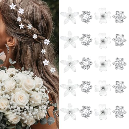 JOOTUEPO 20 Stück weiße kleine Blumen mit Strass-Haarspangen, Mini-Strass-Metall-Haarnadeln, Haarschmuck, Blumen Haarnadeln, Blumens-Haar-Accessoires, Braut-Haarspangen für Frauen, Mädchen, Hochzeit von JOOTUEPO