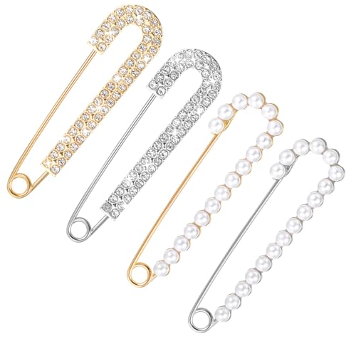 JOOTUEPO 4 Stück Broschennadeln Metall Set, Elegante Damen Broschen, Ausschnitt Verkleinern, Anti-Exposure Fixed Brooches Pins, Strass Perlen Schleppennadel für Brautkleid, Kleider, Cardigan Clip von JOOTUEPO
