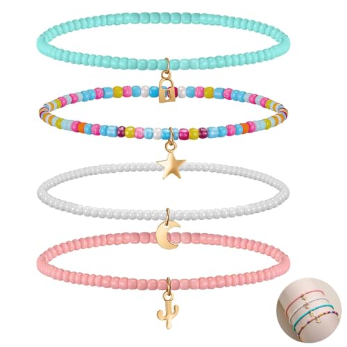 JOOTUEPO 4 Stück Fußkettchen, Sommer Boho Geschichtet, Ästhetische Bohemian Fußketten, Elastische Bunte Perlen Armband Kette für Frauen Damen Mädchen Strand Schmuck von JOOTUEPO
