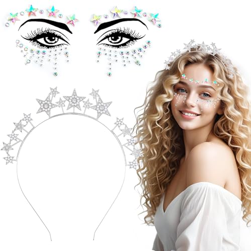 JOOTUEPO Haarreif Sterne Glitzer, Sterne Haarreif Silber, Sterne Stirnband Strass Haarband Gesichtstattoo, Haarreifen Glitzer Karneval der Stars Kopfschmuck für Festival Party Braut Brautjungfern von JOOTUEPO