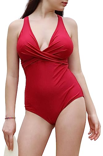 JOPHY & CO. Damen Badeanzug mit V-Ausschnitt in Übergröße Monokino für Meer Sexy Push Up Gepolsterter BH Strand Beachwear Swimwear Code 7600, 3239 Rot, XL von JOPHY & CO.