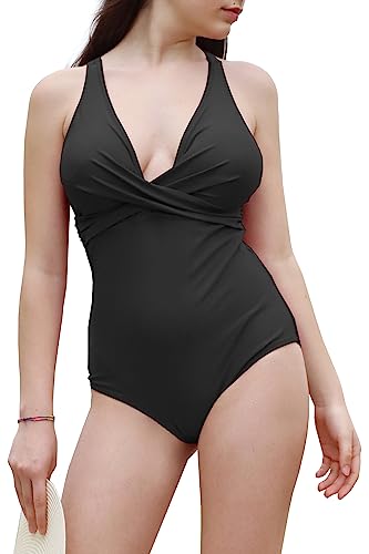 JOPHY & CO. Damen-Badeanzug mit gerafftem V-Ausschnitt, Monokino, für den Strand, sexy, Push-Up-gepolstert, BH für Strand, Beachwear Swimwear Code 760, 3239-schwarz, XXL von JOPHY & CO.