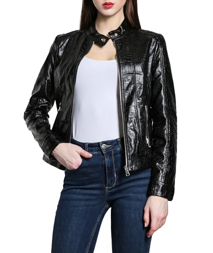 JOPHY & CO. Kurze Damenjacke aus Kunstleder mit Taschen, Reißverschlüssen und koreanischem Ausschnitt (Code 8820), schwarzes Krokodil (cod. 8820), XL von JOPHY & CO.