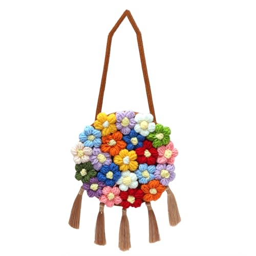 JOPOYOCO Gewebte Damen-Umhängetasche, florale Clutch, große Kapazität, magnetische Schnalle, Blumen-Geldbörse, gehäkelt, Crossbody-Tasche für Freizeit, Alltag, Partys, Abschlussball (Kreis Khaki) von JOPOYOCO