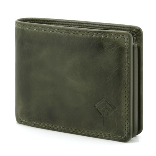 JOREY Mini Geldbörse Herren RFID Schutz - kleines Portemonnaie für Männer - Geldbeutel kompakt - Portemonnaie Kurzformat aus weichem Vintage-Leder (Grün) von JOREY