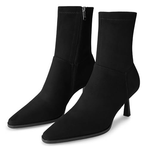 JORISTIMO Stiefeletten für Damen, Kätzchen-Absatz, kurze Stiefel, elegant, spitzer Zehenbereich, seitlicher Reißverschluss, Schwarz (Black Pu), 38.5 EU von JORISTIMO