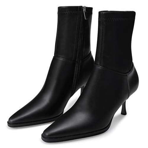 JORISTIMO Stiefeletten für Damen, Kätzchen-Absatz, kurze Stiefel, elegant, spitzer Zehenbereich, seitlicher Reißverschluss, Schwarz (Black Pu), 43 EU von JORISTIMO