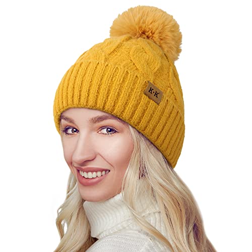 JORYEE Winetermütze Damen - Mütze Damen Winter Warme Gestrickte Beanie Chunky Kabel Strickmütze mit Pompom Fleecefutter Dicke Bommelmütze für Frauen von JORYEE