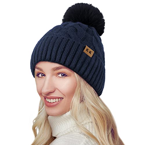 JORYEE Winetermütze Damen - Mütze Damen Winter Warme Gestrickte Beanie Chunky Kabel Strickmütze mit Pompom Fleecefutter Dicke Bommelmütze für Frauen von JORYEE