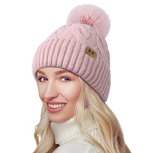 JORYEE Winetermütze Damen - Mütze Damen Winter Warme Gestrickte Beanie Chunky Kabel Strickmütze mit Pompom Fleecefutter Dicke Bommelmütze für Frauen von JORYEE