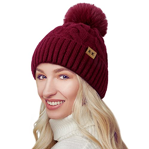 JORYEE Winetermütze Damen - Mütze Damen Winter Warme Gestrickte Beanie Chunky Kabel Strickmütze mit Pompom Fleecefutter Dicke Bommelmütze für Frauen von JORYEE