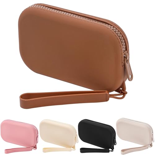 JOVAKIT Kleine tragbare Silikon-Make-up-Tasche für Frauen, Reise-Kosmetiktasche, Geschenke für Frauen, Reißverschluss, Make-up-Tasche mit Griff, Braun von JOVAKIT