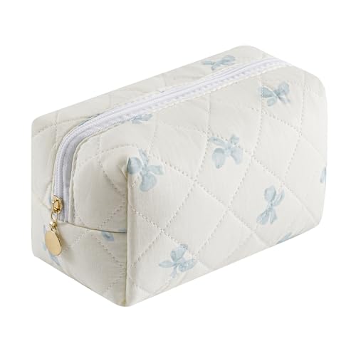 JOVAKIT Quadratische Make-up-Tasche, niedliche Kosmetiktasche für Damen, Blumen-Kokette, ästhetischer Kulturbeutel, Reißverschluss, Make-up-Tasche, Reise-Make-up-Organizer-Tasche, Blaue Fliege von JOVAKIT