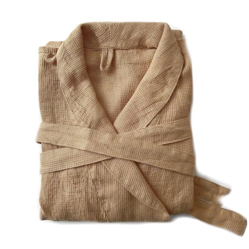 JOWOLLINA Unisex Bademantel Morgenmantel aus 100% feinem Waffelpique Leinen Stonewashed mit Schalkragen (L/XL, Camel) von JOWOLLINA