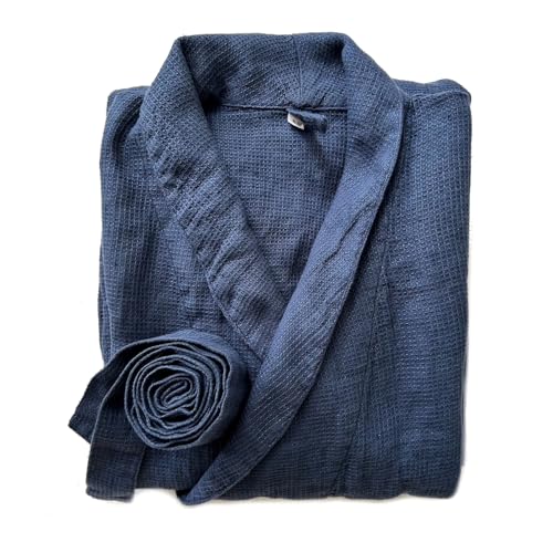 JOWOLLINA Unisex Bademantel Morgenmantel aus 100% feinem Waffelpique Leinen Stonewashed mit Schalkragen (S/M, Blue Night) von JOWOLLINA