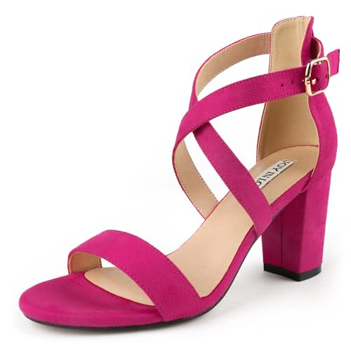 JOY IN LOVE Damen Chunky Block Heels 3 Zoll Knöchelriemen Low Heel Sandalen, Fuchsia Wildleder, 40.5 EU von JOY IN LOVE