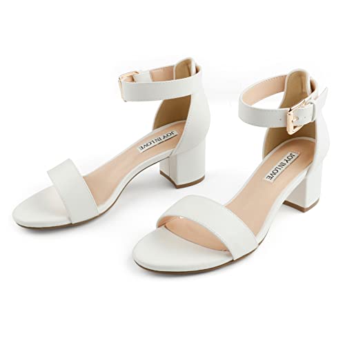 JOY IN LOVE Damen Chunky Low Heels Knöchelriemen Offener Zeh Blockabsatz Sandalen, Weiß matt, 39 EU von JOY IN LOVE