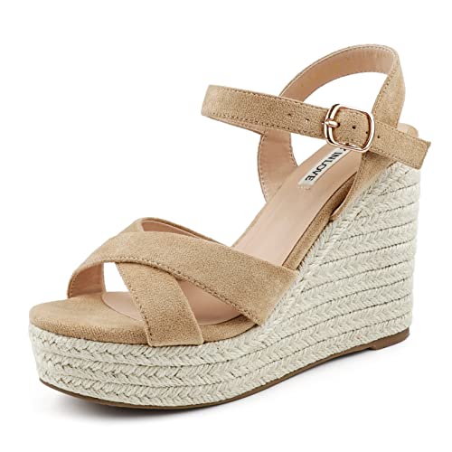 JOY IN LOVE Damen Espadrilles Keilsandalen, Plateauabsatz, Knöchelriemen, offene Zehenschnalle, Sandalen, 4071 apricot, 37.5 EU von JOY IN LOVE