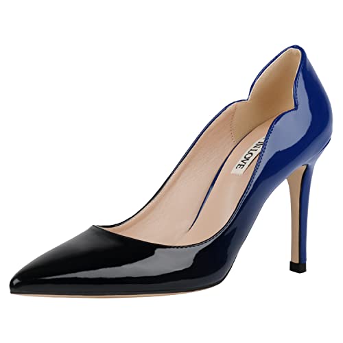 JOY IN LOVE Damen Pumps Schuhe 3,5 Zoll Stiletto High Heels Spitze Zehe Kleid Pumps, V-blau-schwarz Patent, 40 EU von JOY IN LOVE