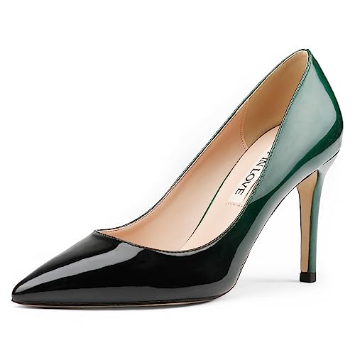 JOY IN LOVE Damen Pumps Schuhe Mittelabsatz Spitze Zehen Kleid Pumps Stilettos, Grün-Schwarz-Lack, 38.5 EU von JOY IN LOVE