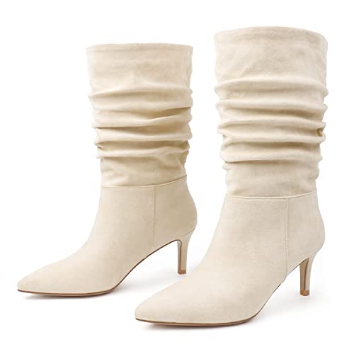 JOY IN LOVE Damen Stiefel mit niedrigem Absatz, halbhohe Falten, lässige Stiefel, beige, 36 EU von JOY IN LOVE