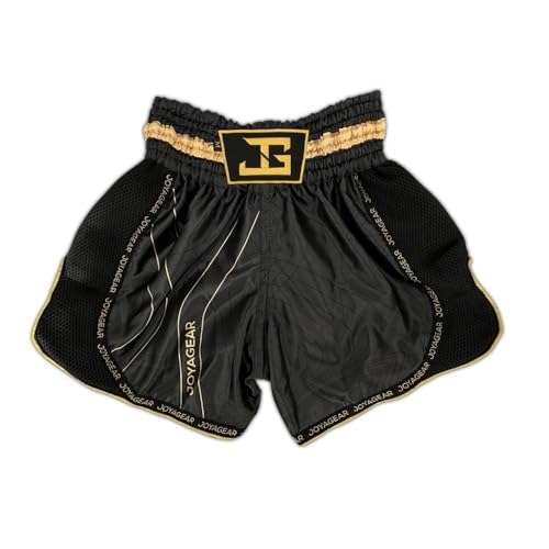 JOYA GEAR JOYA Muay Thai Shorts - Schwarz Gold - Größe L - MMA Hose - Boxing Shorts - Muay Thai Hose - Kickbox Hose - Thai Boxing Shorts - Boxen Hose - Thai-Bund - aus hochwertigem Polyester von JOYA GEAR