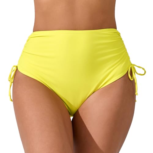 JOYBIK Damen-Bikinihose, hohe Taille, volle Abdeckung, freche Passform, Bauchkontrolle, verstellbare Dtawstring-Badehose, gelb, Medium von JOYBIK
