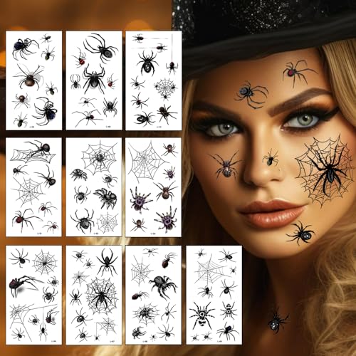 Spinnen Tattoo Karneval Gesicht, 10 Blätt Spinnentattoos Gesichtstattoo Karneval, Realistisch Spinnennetz Temporäre Tattoos Schminke Make Up für Fasching Halloween Erwachsene Kinder von JOYEASE