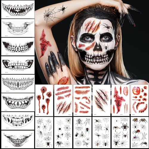 8 Halloween Mund Tattoo + 6 Narben Wunden + 6 Spinnen Tattoos, Gesicht Horror, Skelett Zombie Vampir Schminke Gesichtstattoo Party Deko von JOYEASE