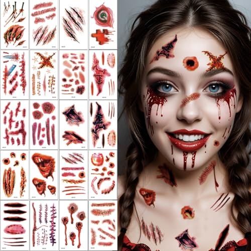 Halloween Tattoos Narben - 20 Blatt Kostüm Damen Herren Gruselig Wunden Tattoo Gesicht, Zombie Vampir Horror Make Up Schminke Zubehör Accessoires Erwachsene Kinder von JOYEASE