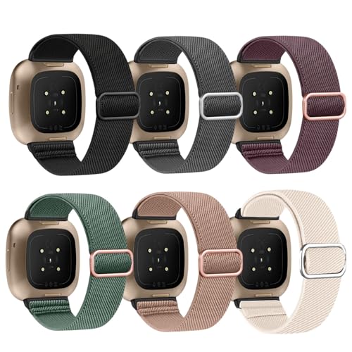 JOYIAL 6 Stück Kompatibel mit Fitbit Versa 3 Armband/Fitbit Versa 4 Armband Weiches Elastisch Ersatz Nylon Sport Band Einstellbare Weiche Woven Übung Armbänder für Damen/Herren (6 Farben) von JOYIAL