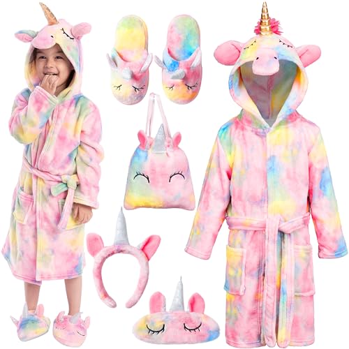 JOYIN Einhorn Bademantel Kinder mit Kapuze Nachtwäsche mit Augenbinde, Tasche, Hausschuhe und Stirnband, M von JOYIN