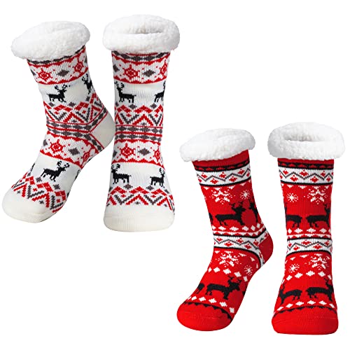 JOYIN 2 Paar Weihnachtssocken Kuschelsocken Damen Herren Hüttensocken Flauschige Socken Winter Weihnachte Warme Stoppersocken Xmas Rot Weiß von JOYIN