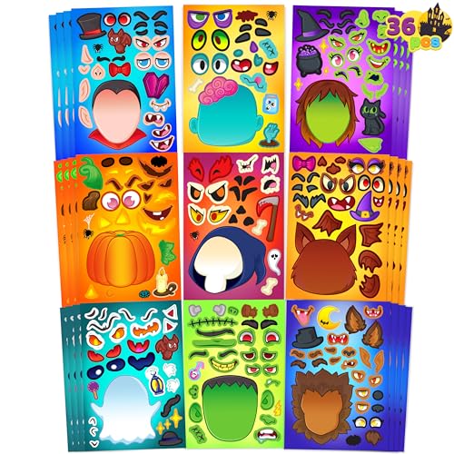JOYIN 36 Stück Gestalte ein Gesicht Halloween-Aufkleberbögen zum Selbermachen, Mix and Match Stickerbögen mit 6 verschiedenen Designs, Vampir, Hexe, Geist und mehr, Kinderpartyzubehör, Bastelzubehör JOYIN 36 Stück Gestalte ein Gesicht Halloween-Aufkleberbögen zum Selbermachen, Mix and Match Stickerbögen mit 6 verschiedenen Designs, Vampir, Hexe, Geist und mehr, Kinderpartyzubehör, Bastelzubehör von JOYIN