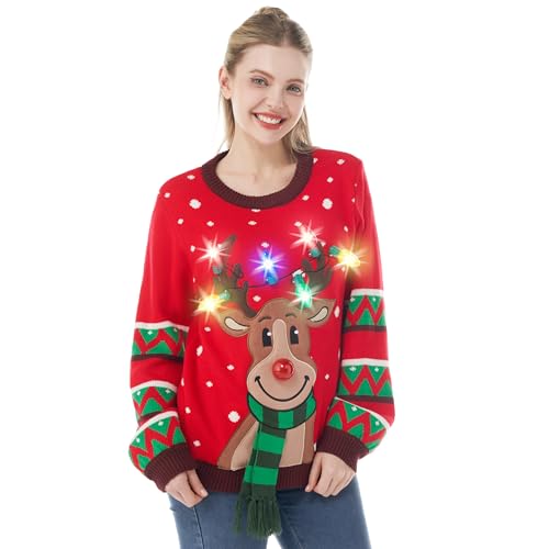 JOYIN Damen LED Beleuchtete Rentier Hässliche Weihnachtspullover Damen mit Integrierten Leuchtmitteln, X-Large. von JOYIN
