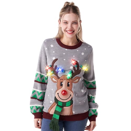 JOYIN Damen-Weihnachtspullover mit LED-Beleuchtung, hässlicher Rentier-Weihnachtspullover, integrierte Glühbirnen, hässlicher Weihnachtspullover (grau, klein) von JOYIN