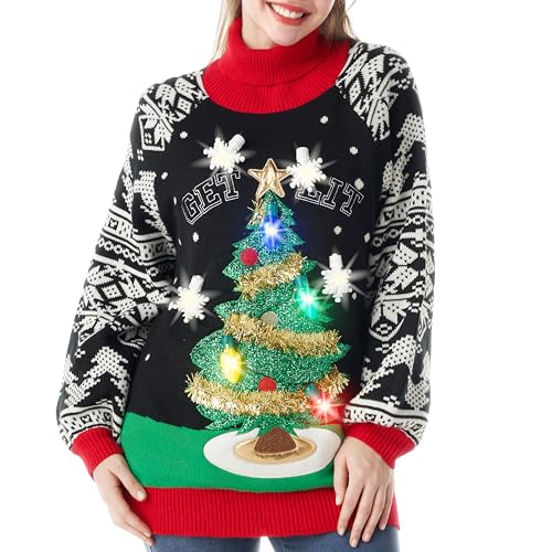 JOYIN Frau leuchten Pullover hässliches langes Pulloverkleid mit lustigem 3D -Weihnachtsbaum und Neuheit Glühbirnen, schwarzer Langarm Xmas Strick Musterpullover (S) von JOYIN