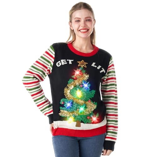 JOYIN Hässliche Weihnachtspullover Damen Led Weihnachtspullover Familie Set mit integriertem Leuchtmittel Weihnachtspullover Lustig für Familien/Frauen (Schwarz XL) von JOYIN