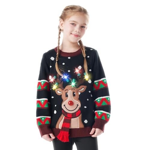 JOYIN Hässlicher Weihnachtspullover für Kinder, mit LED-Beleuchtung, Rentier-Weihnachtspullover, integrierte Glühbirnen für Jungen und Mädchen (schwarz, klein) von JOYIN