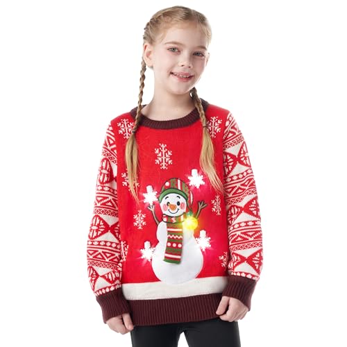 JOYIN Kinder Mädchen Schneemann Roter hässlicher Pullover mit Glühbirne, neuartiger LED-beleuchteter Langarm-Pullover mit Weihnachtsstrickmuster für die Weihnachtsfeier von JOYIN