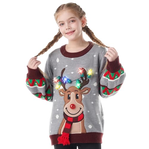 JOYIN Kinder-Weihnachtspullover mit LED-Beleuchtung, Rentier, hässlicher Weihnachtspullover, integrierte Glühbirnen, hässlicher Kinderpullover (Grau M) von JOYIN