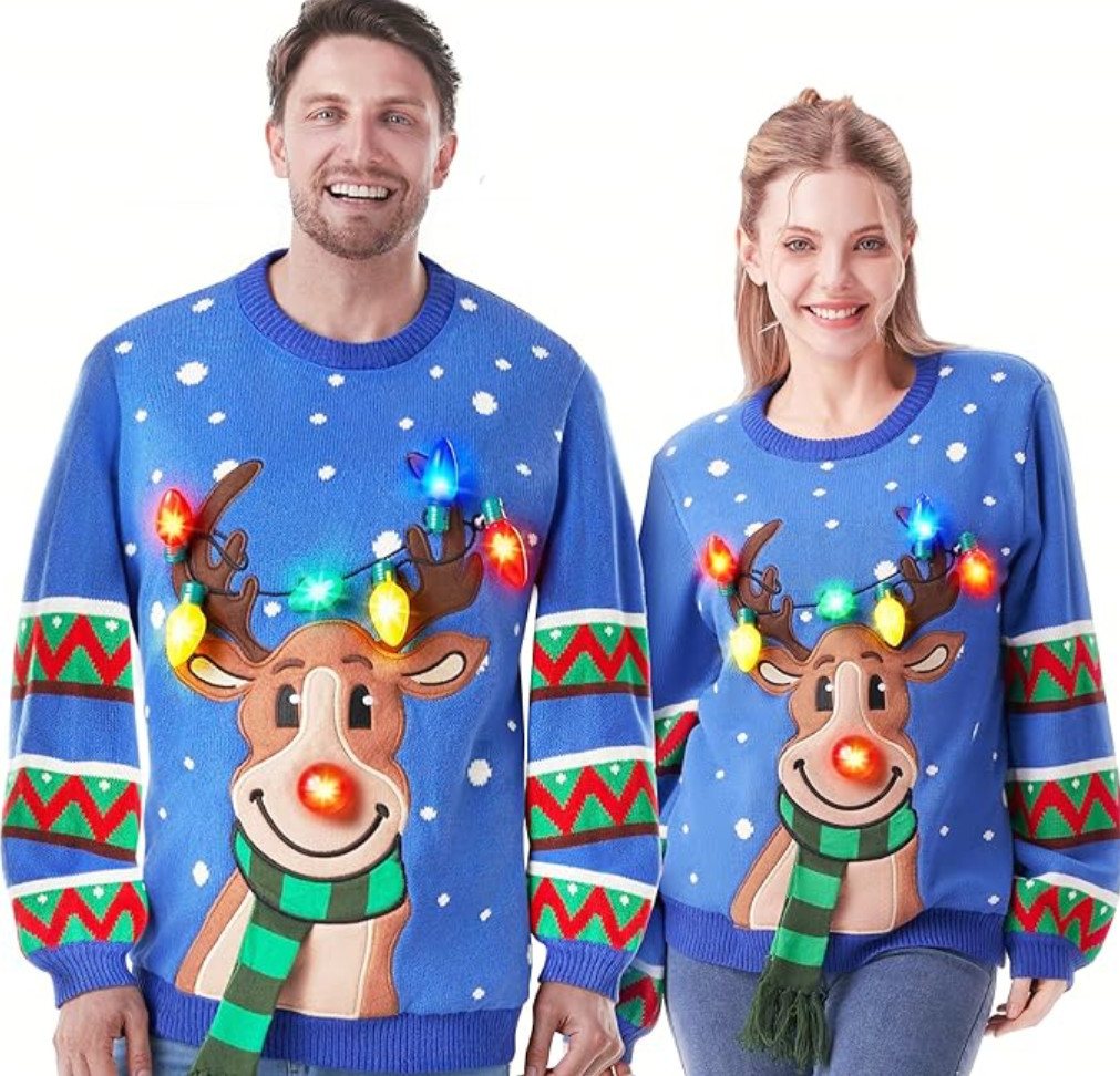 JOYIN Rundhalspullover JOYIN Blauer Hässlicher Weihnachtspullover, LED Rentier von JOYIN