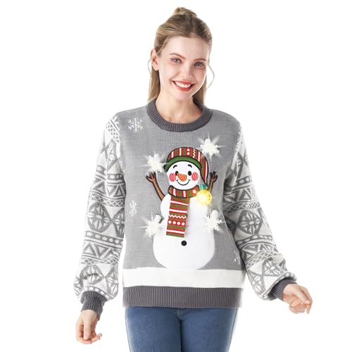 JOYIN Weihnachten Frauen Schneemann grau hässlicher Pullover und Glühbirne Neuheit LED Leg Lage UP LANGELEVE Tönt (XL) von JOYIN